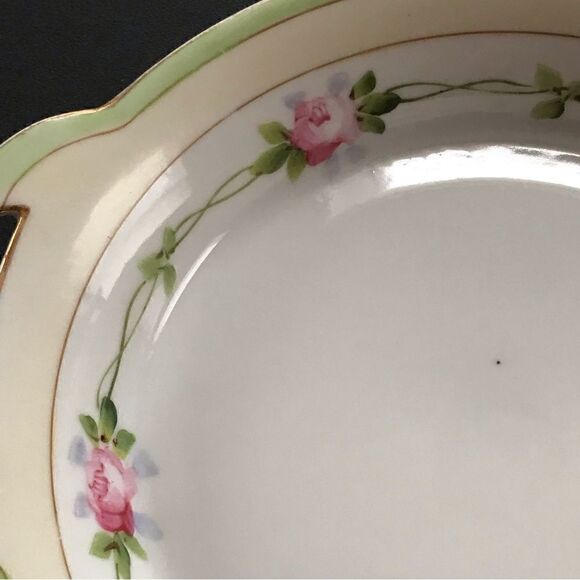 Antique Nippon Hand Painted Pink Rose Gilt Trim Cream & Green Handled Bowl - Picture 5 of 14